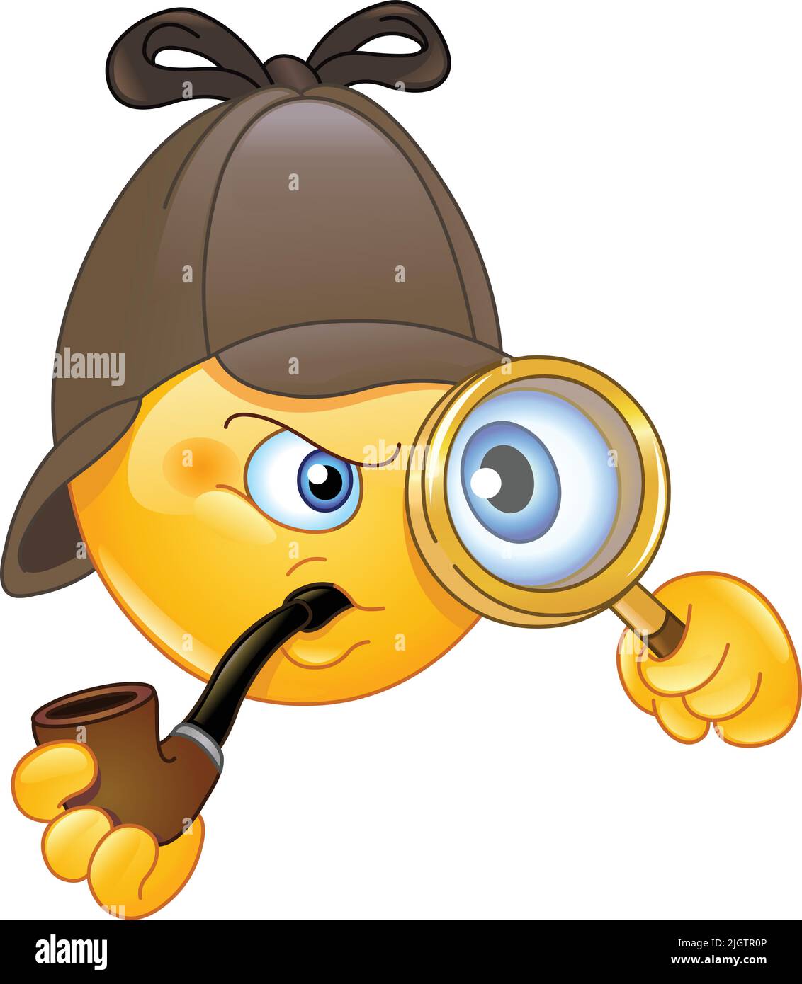 Emoji émoticon rétro détective regardant à travers une loupe et fumant une pipe Illustration de Vecteur