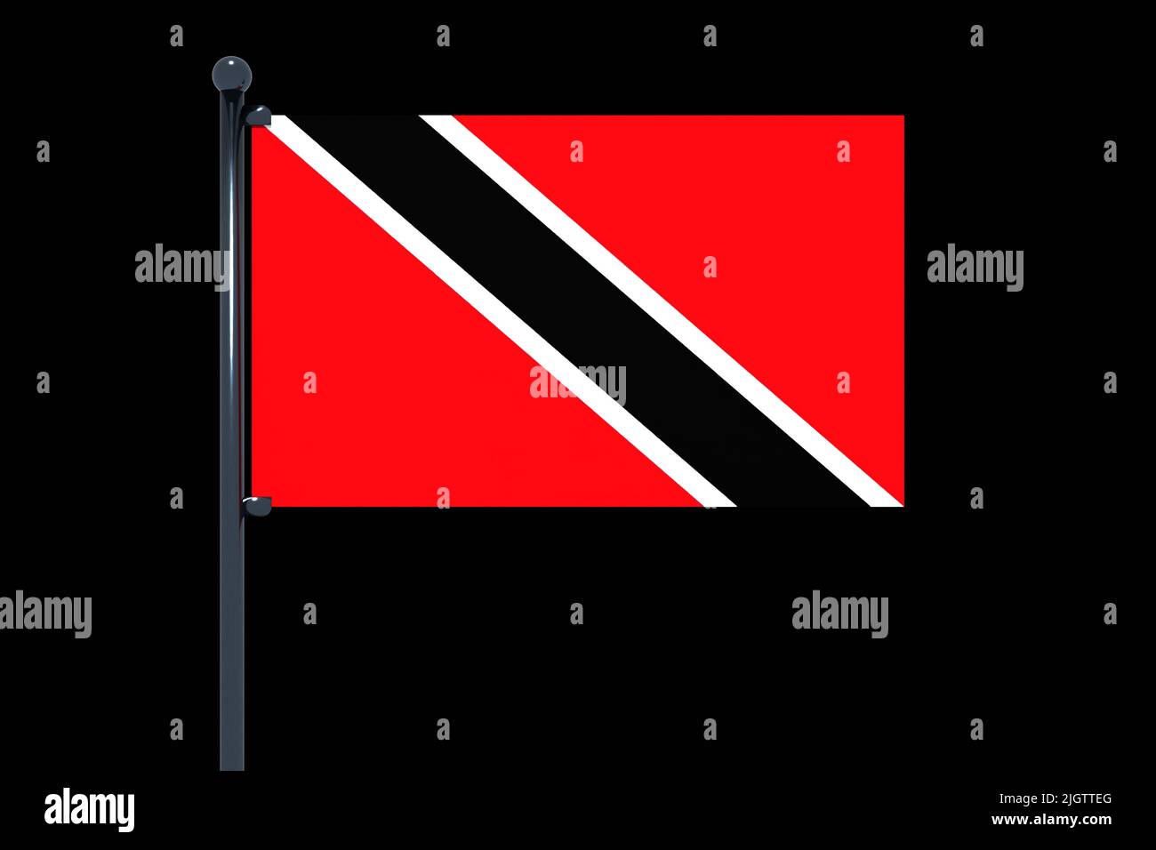 Un drapeau de Trinité-et-Tobago de 3D avec mât de drapeau chromé avec crochets à pression sur fond noir Banque D'Images