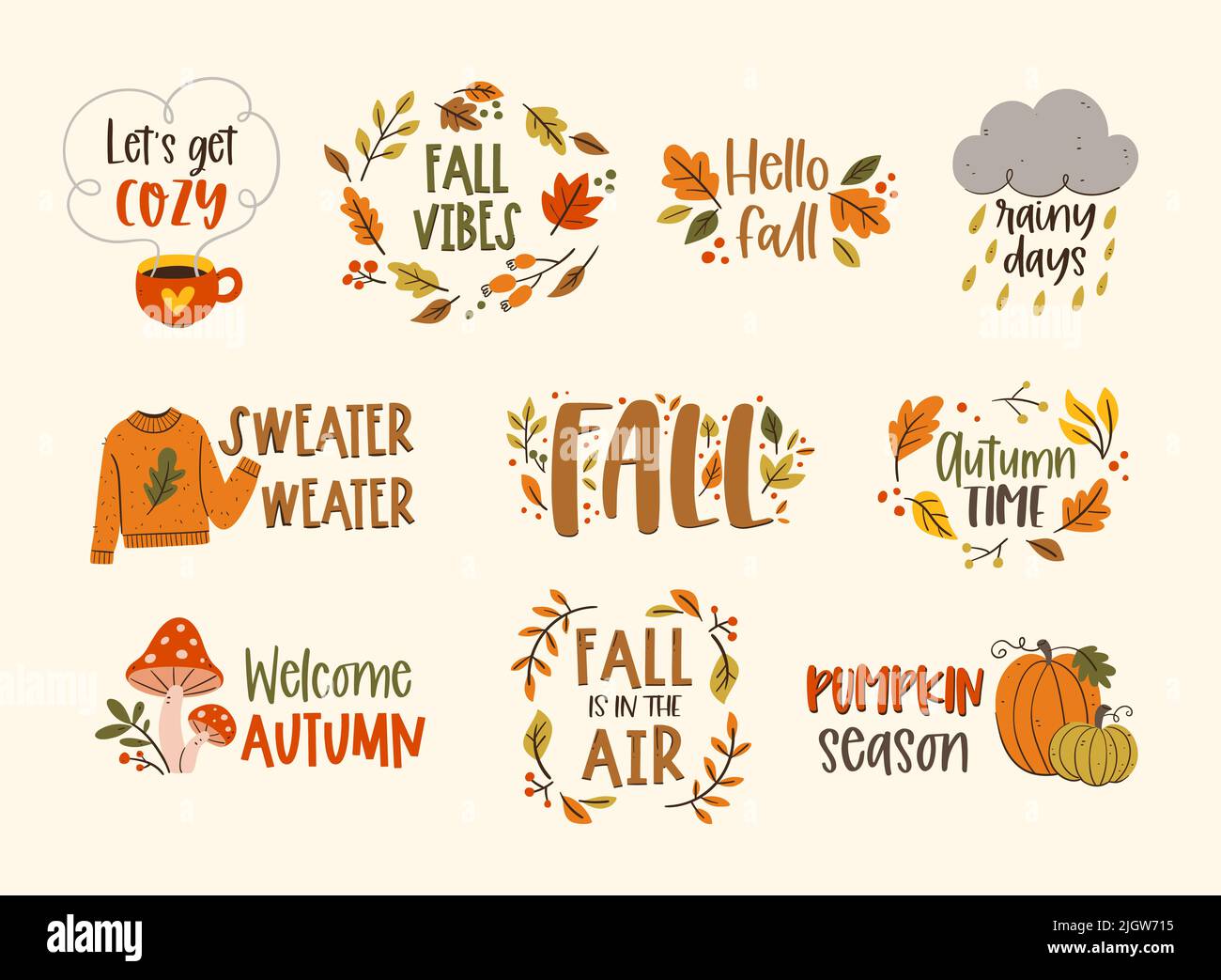 Collection d'étiquettes d'automne. Phrases décoratives saisonnières isolées sur fond clair. Illustration vectorielle. Illustration de Vecteur