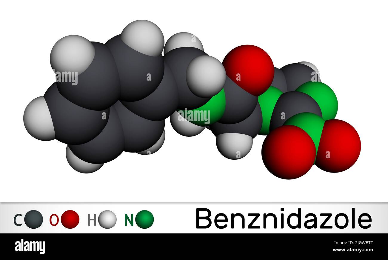 Molécule de benznidazole. Il s'agit d'un médicament antiparasite utilisé dans le traitement de la maladie de Chagas. Modèle moléculaire. 3D rendu Banque D'Images