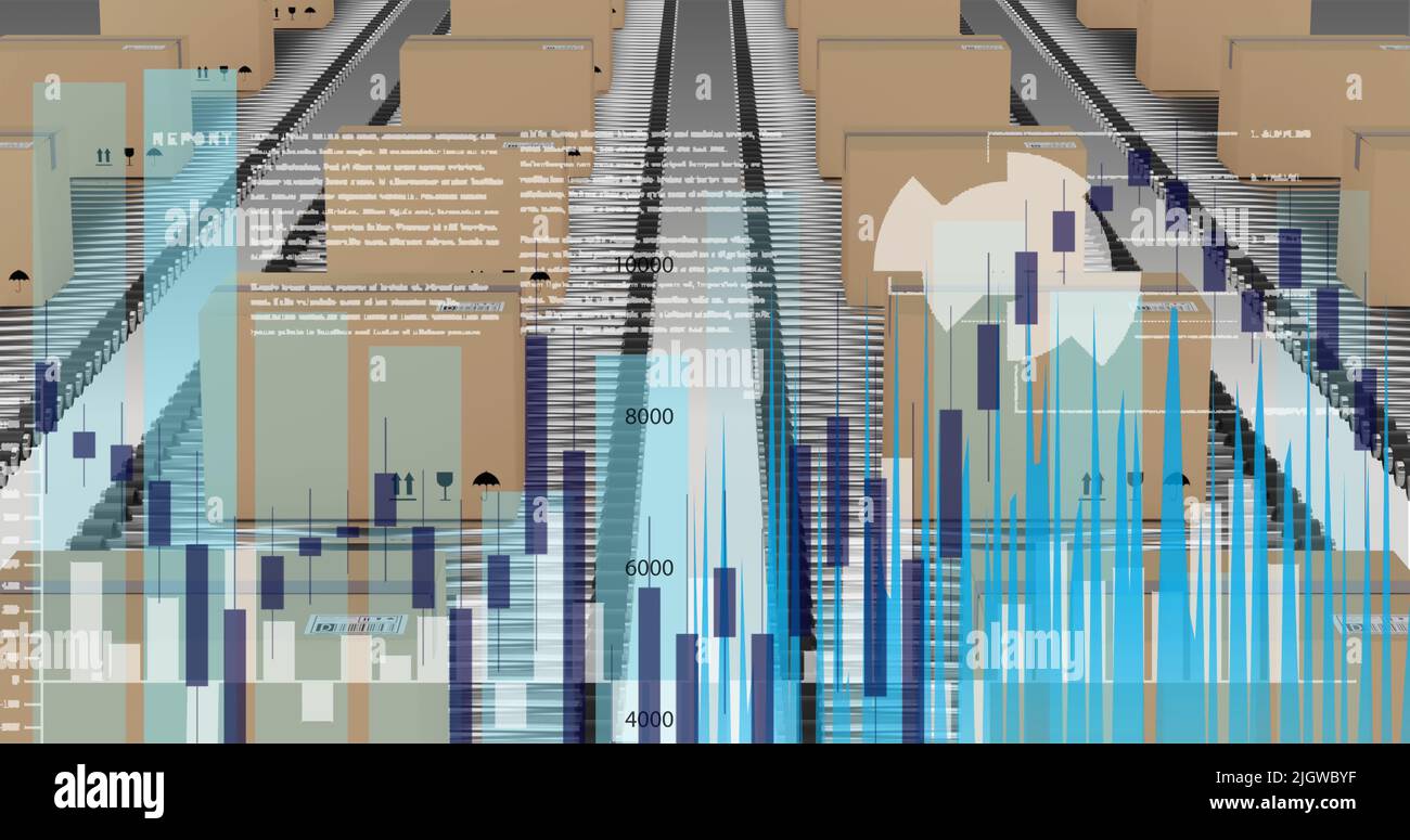 Illustration du traitement des données sur des boîtes en carton sur des tapis transporteurs Banque D'Images