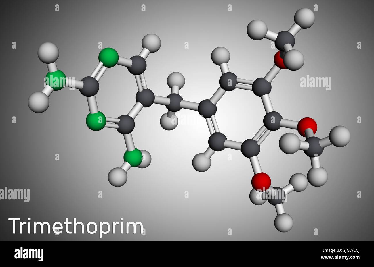 Triméthoprime, molécule de TMP. Il est antifolate antibiotique utilisé pour traiter les infections des voies urinaires, respiratoires, gastro-intestinales. Modèle moléculaire Banque D'Images