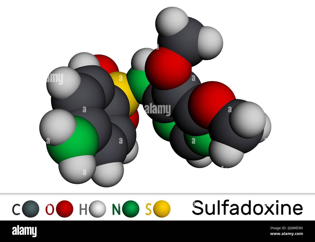 Sulfadoxine, molécule de sulfadoxine. Il est sulfamide à action prolongée utilisé pour le traitement du paludisme. Modèle moléculaire. 3D rendu. Illustration Banque D'Images