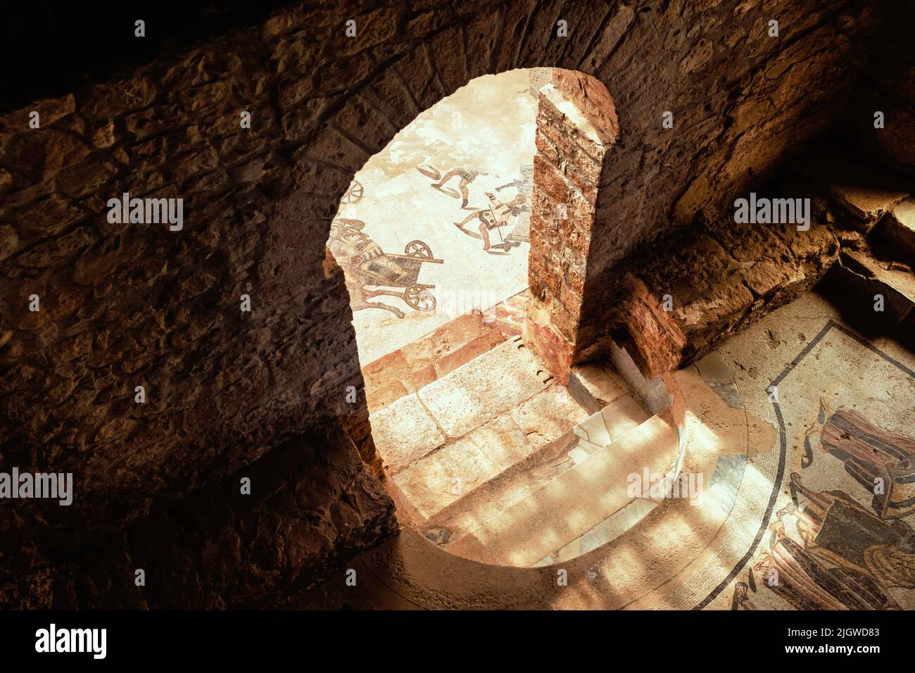 Décoration en mosaïque de l'intérieur d'une maison dans la Villa Romana del Casale à Piazza Armerina, Sicile, Italie Banque D'Images