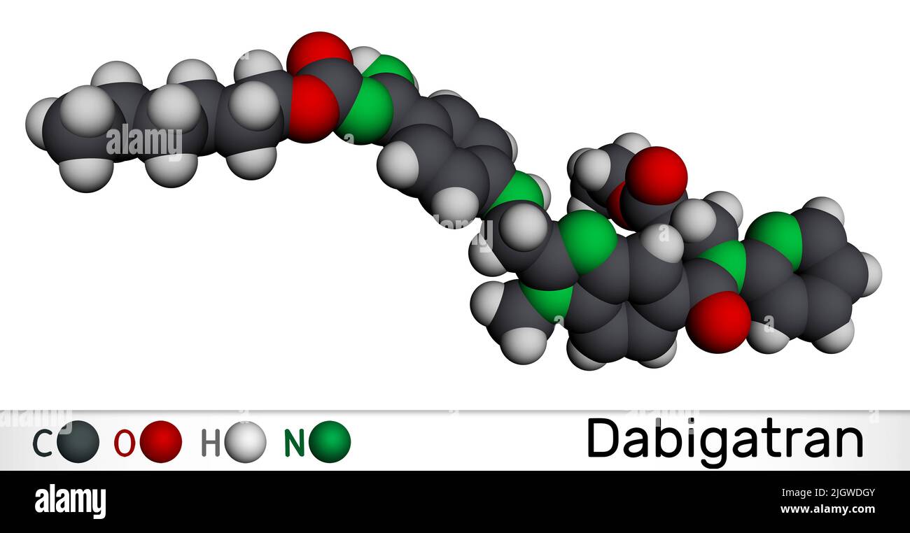 Molécule de dabigatran. Il s'agit d'un médicament anticoagulant. Modèle moléculaire. 3D rendu. Illustration Banque D'Images