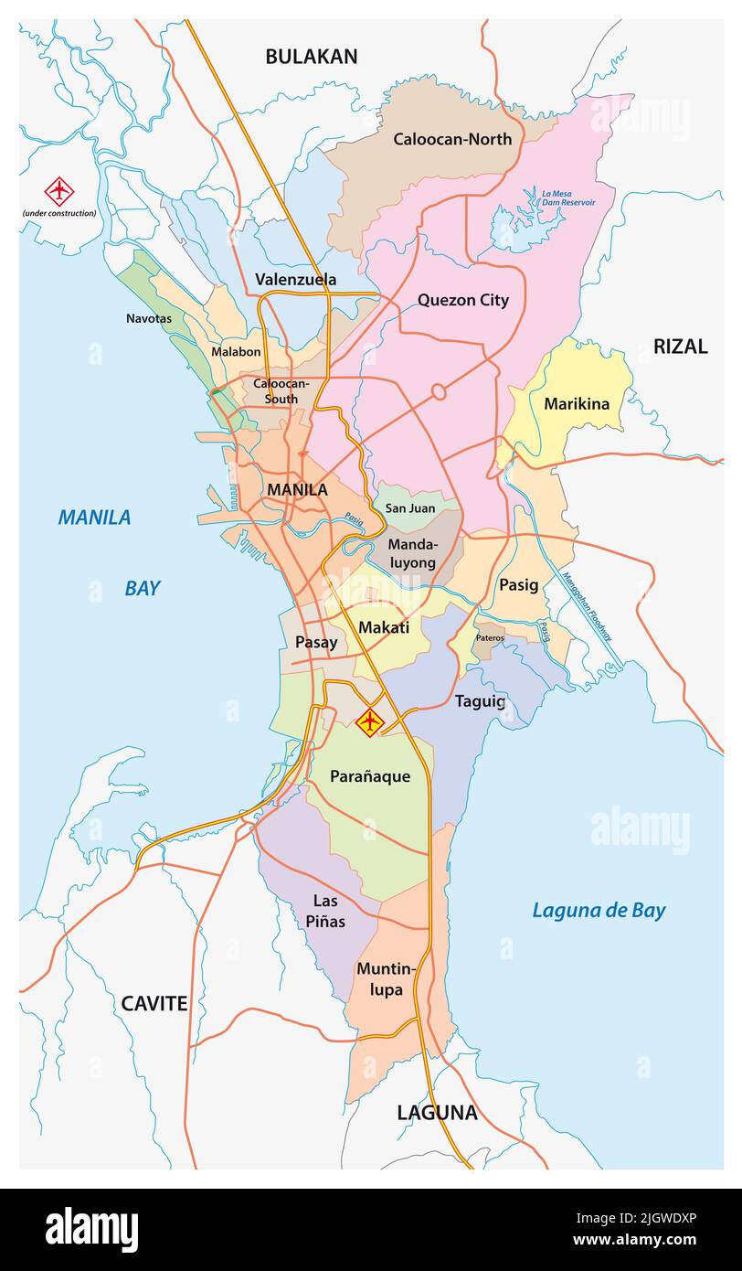 Carte administrative, politique et routière de la région métropolitaine de Manille, Philippines Banque D'Images