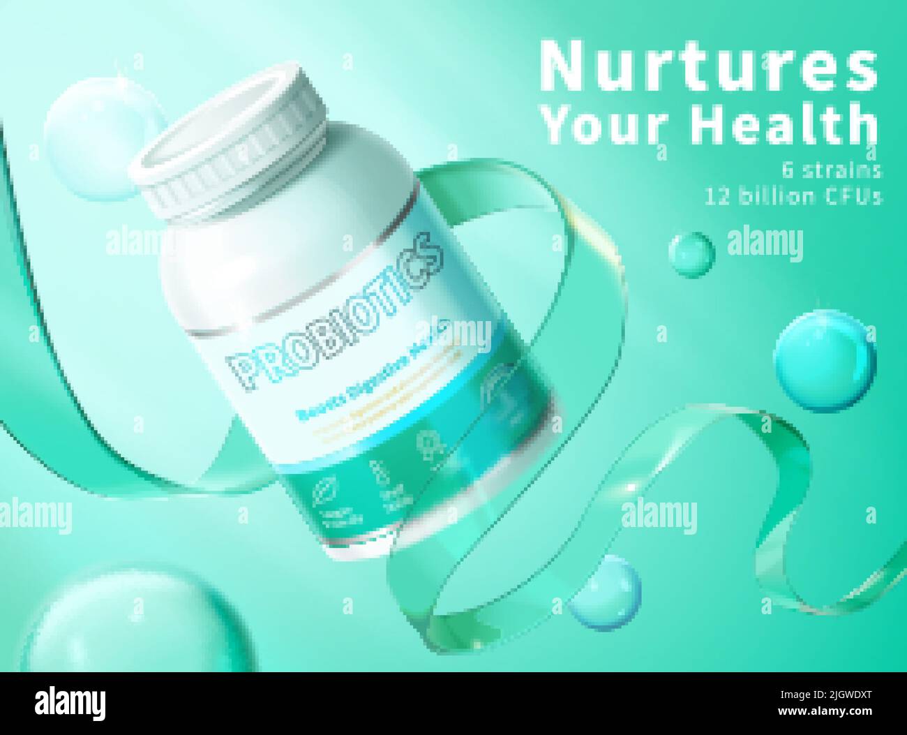 Modèle de publicité supplémentaire pour les probiotiques créatifs. 3d composition d'une bouteille de médicament blanche et d'un modèle en verre vert en forme d'intestin. Concept de système digestif sain. Illustration de Vecteur