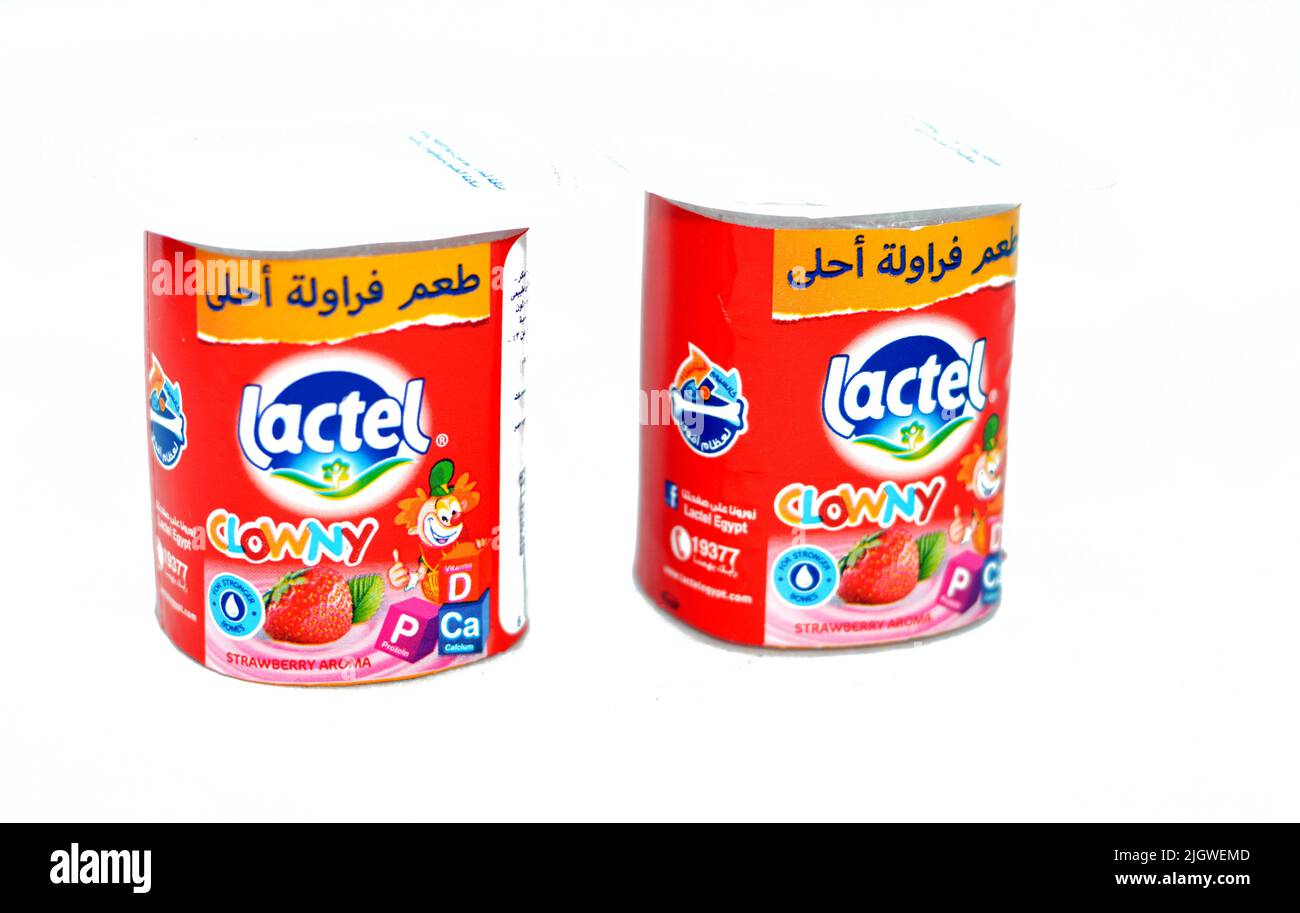 Le Caire, Egypte, 27 mai 2022: Lactel clowny arôme de fraise yogourt, source naturelle de calcium, protéine et vitamine D dans le yogourt pour un os plus fort pour Banque D'Images