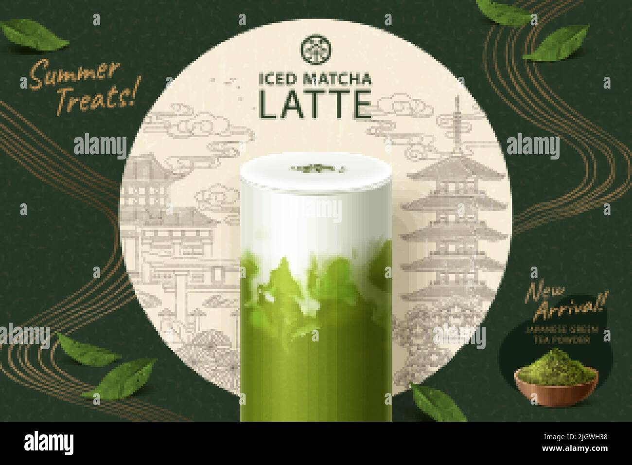 3D illustration d'un verre de latte matcha glacé servi avec de la poudre de thé vert réaliste et des feuilles sur le style de l'encre paysage de ville japonaise vu à travers un ci Illustration de Vecteur
