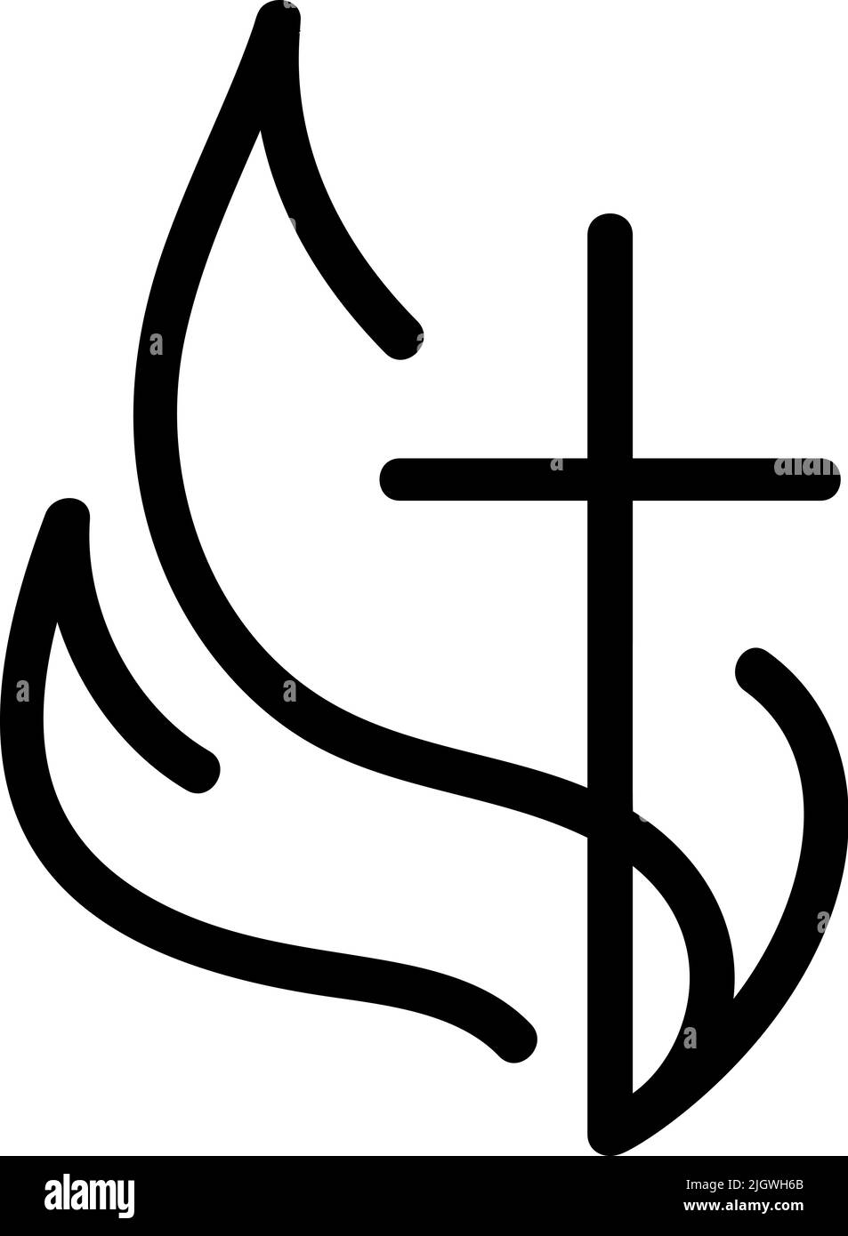 Vecteur Christian logo coeur monoline avec la croix et le feu sur un fond blanc. Symbole calligraphique dessiné à la main. Icône de religion minimaliste Illustration de Vecteur
