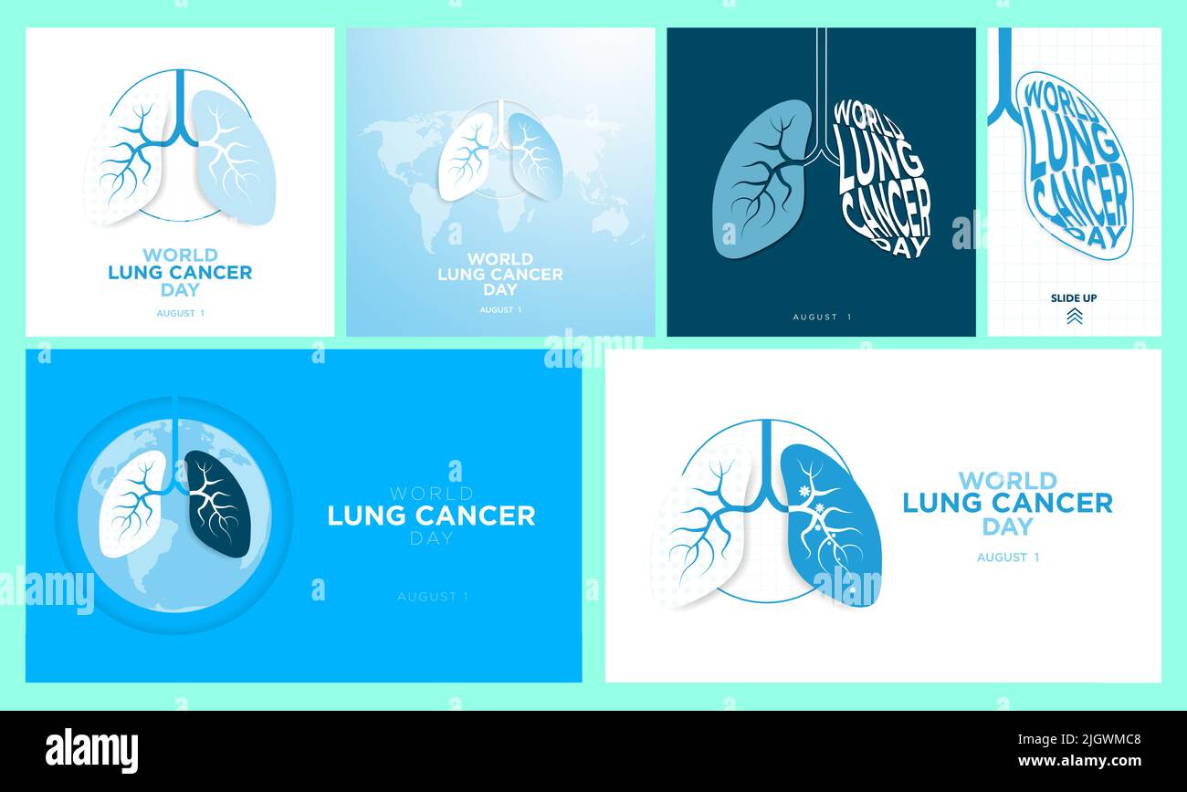 Collection vectorielle de cartes de vœux, bannières et histoire de la Journée mondiale du cancer du poumon. Célébré sur 1 août. Illustration moderne des poumons en bleu et blanc. Illustration de Vecteur