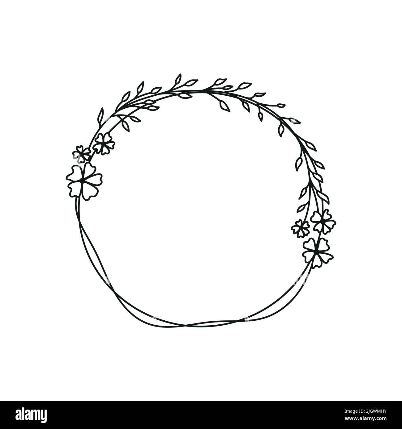 Cadre rond vectoriel dessiné à la main avec éléments floraux, herbes, feuilles, fleurs, brindilles, branches. Illustration de Vecteur