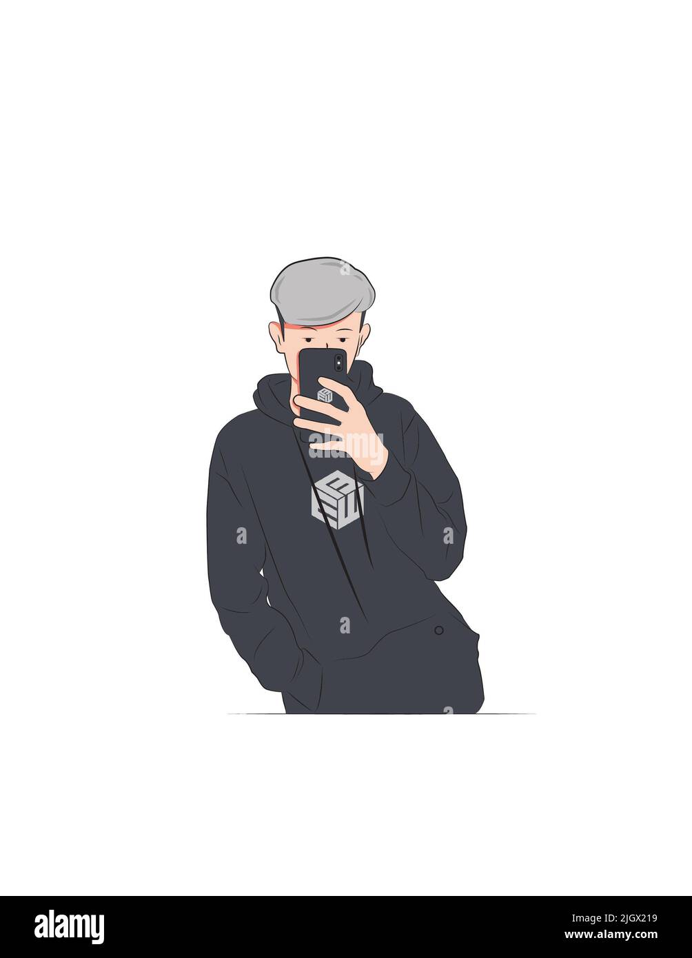 Une verticale d'un gars dans un sweat à capuche noir prenant une photo avec son téléphone sur un fond blanc Banque D'Images