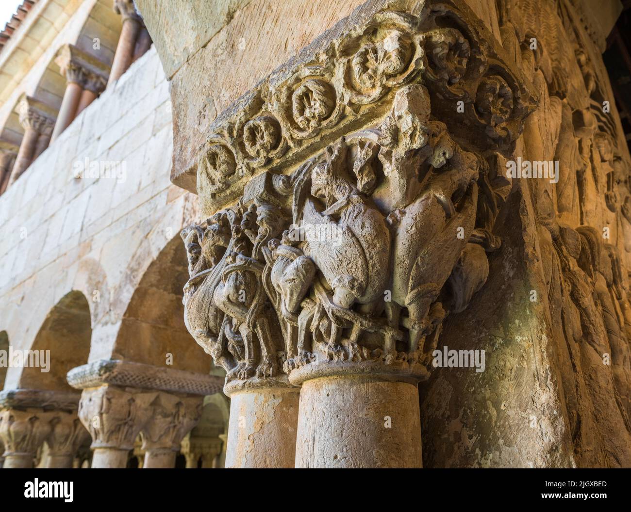 Cloître romane à l'abbaye de Saint-Domingue de Silos, Castille et Leon, Espagne Banque D'Images