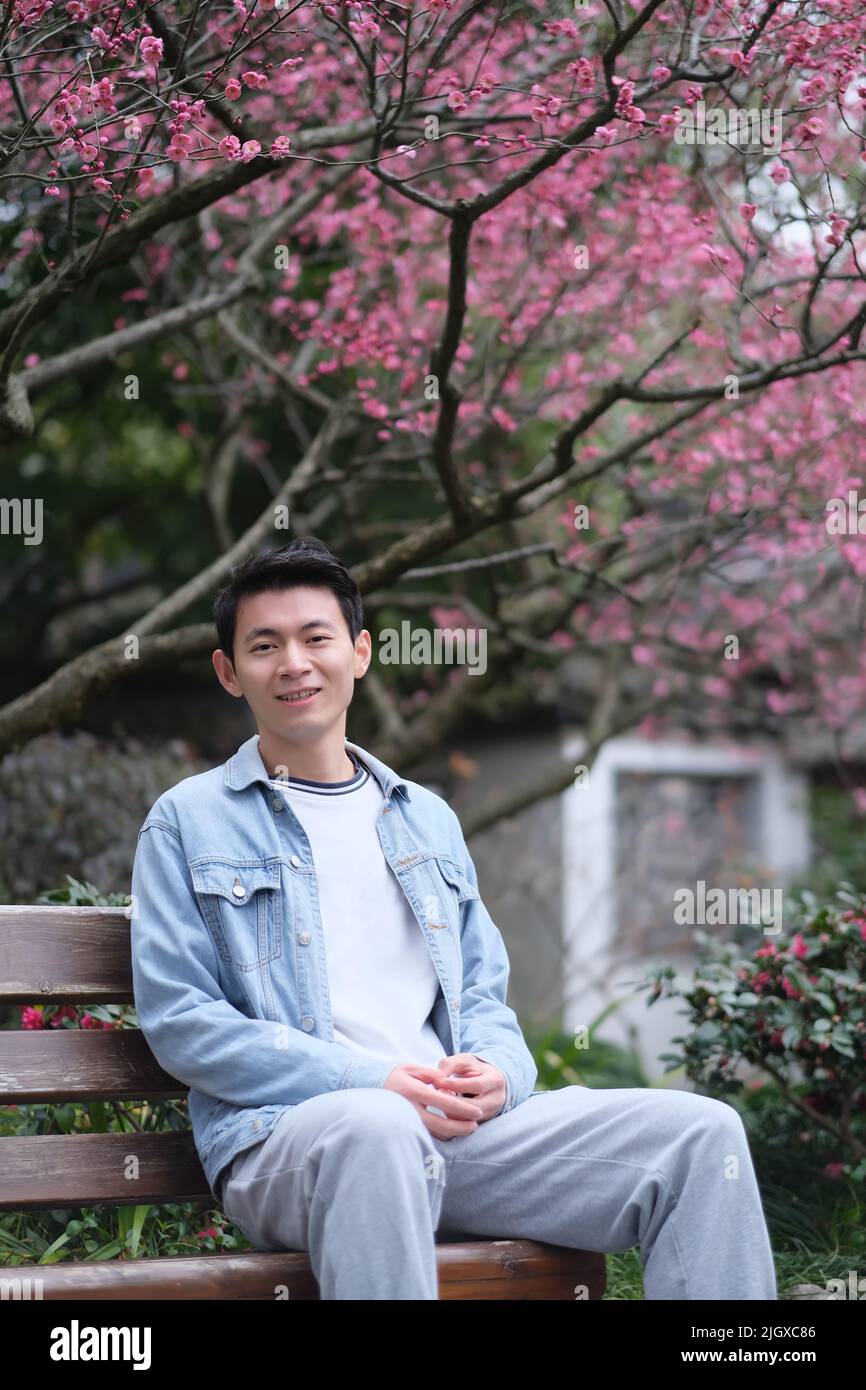 Beau souriant jeune homme d'Asie de l'est assis sur le banc sous le blur rose fleur fleur arbre fleur au printemps, regardant l'appareil photo Banque D'Images