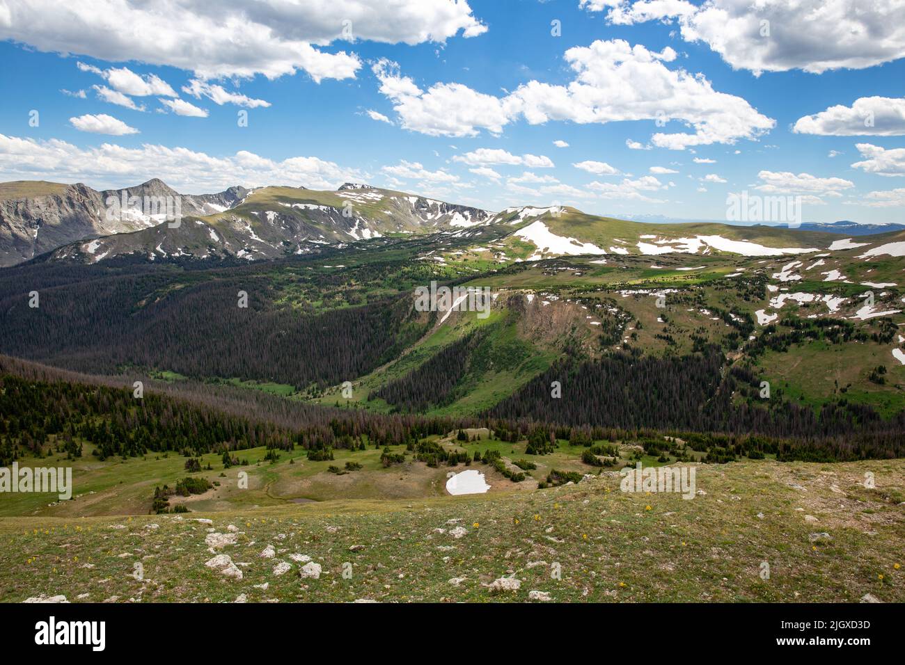 Vue sur le parc national des montagnes Rocheuses depuis l'un des endroits pittoresques à une altitude élevée. Banque D'Images