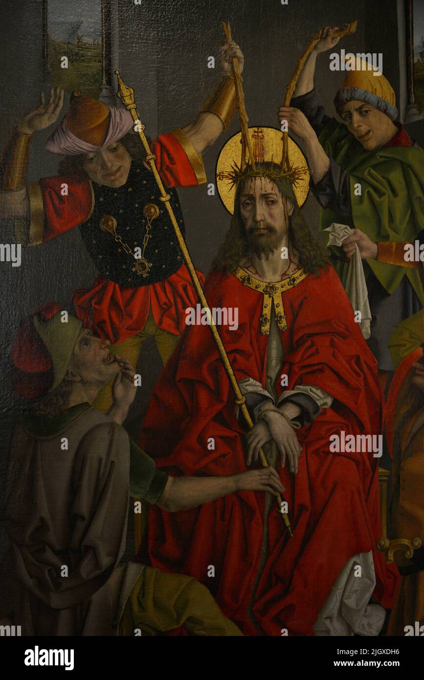 Travail attribué au Maître de la Sisla (ca. 1500). Couronnement de Thorns et de mockery. Huile sur toile. Détails. Musée El Greco. Tolède, Espagne. Banque D'Images