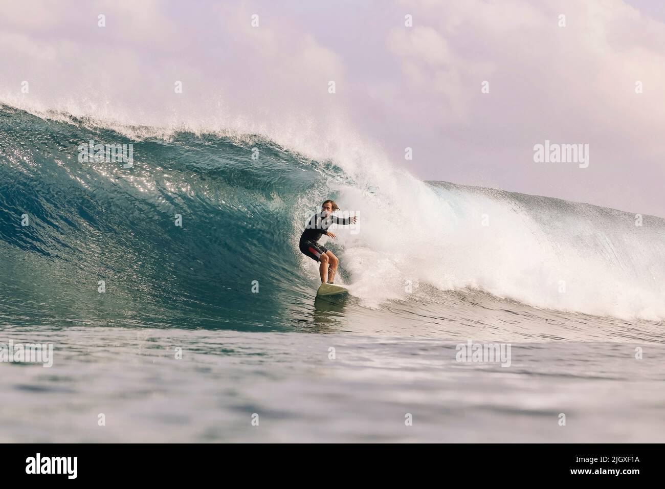 Surfeur mâle sur une vague, Maldives Banque D'Images