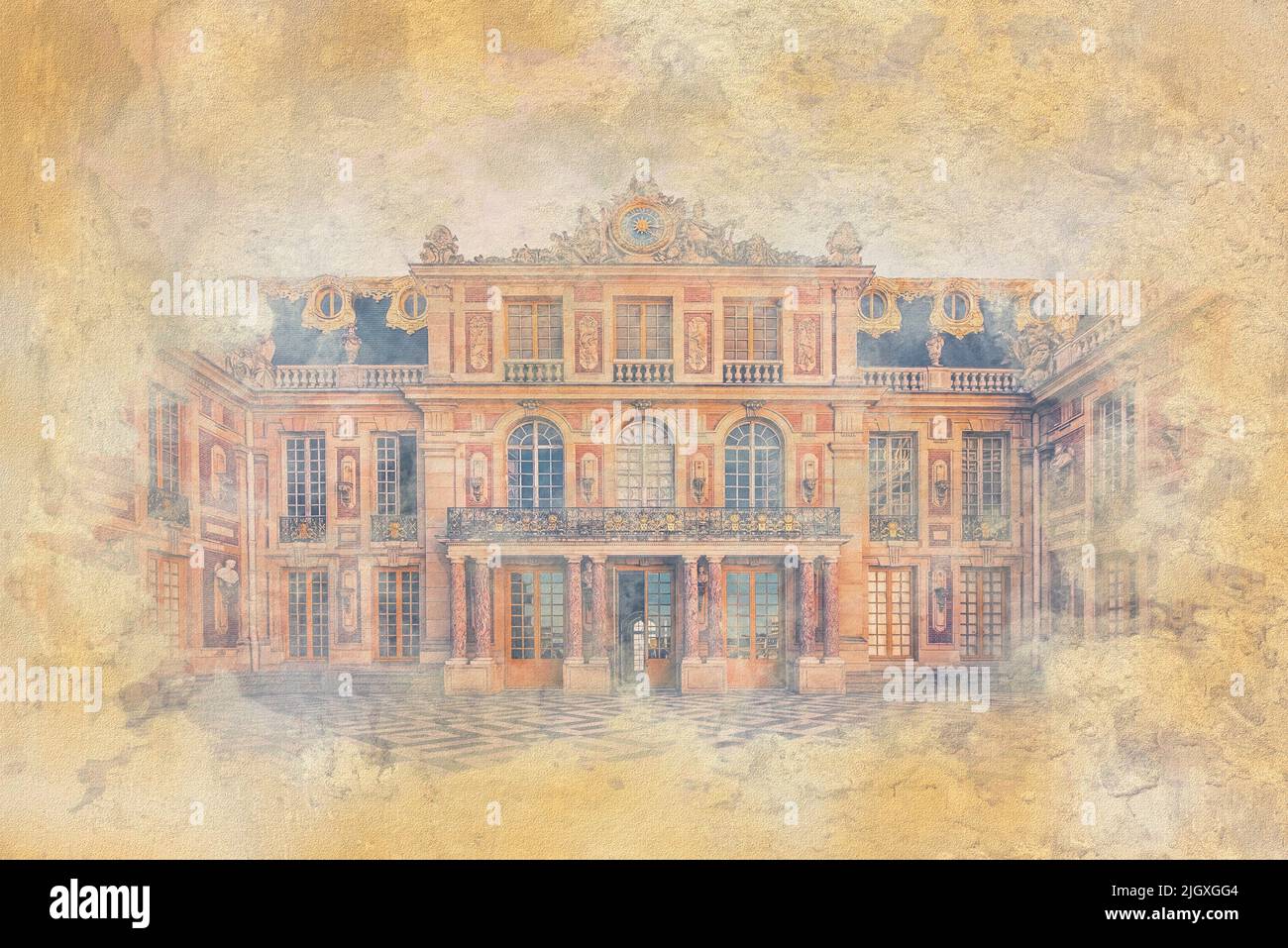 Façade du château de Versailles - Illustration avec effet aquarelle Banque D'Images