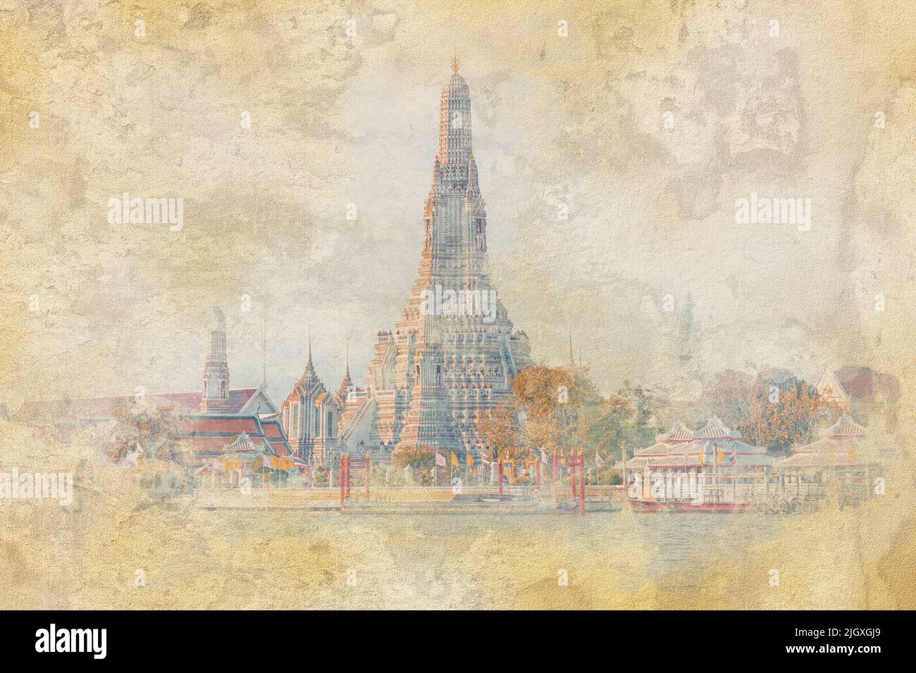 Temple Wat Arun à Bangkok - Illustration avec effet aquarelle Banque D'Images
