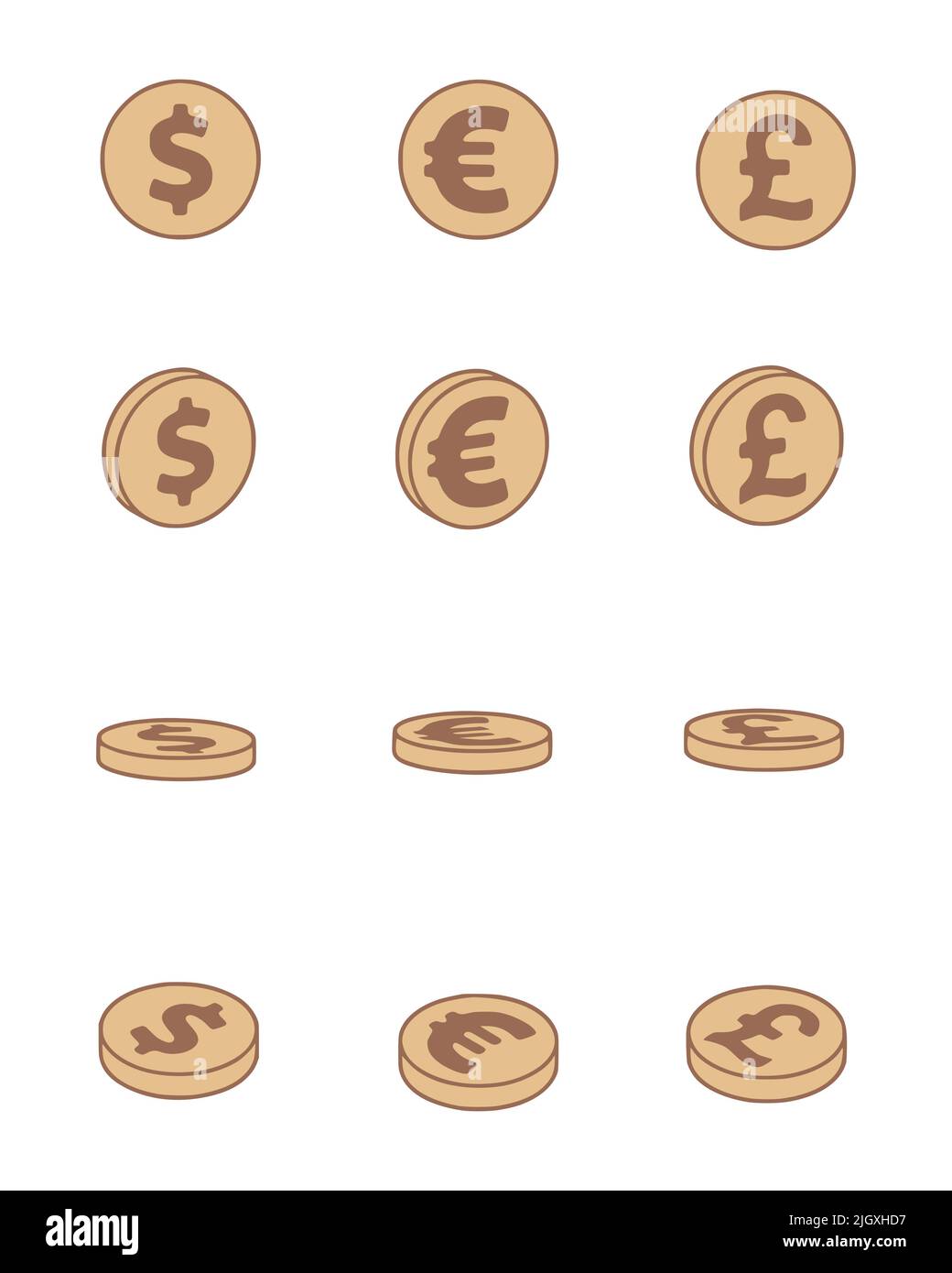 Ensemble vectoriel de pièces de monnaie en dollars, euros et livres sterling en style dessin animé. Clip art finance et banque Illustration de Vecteur