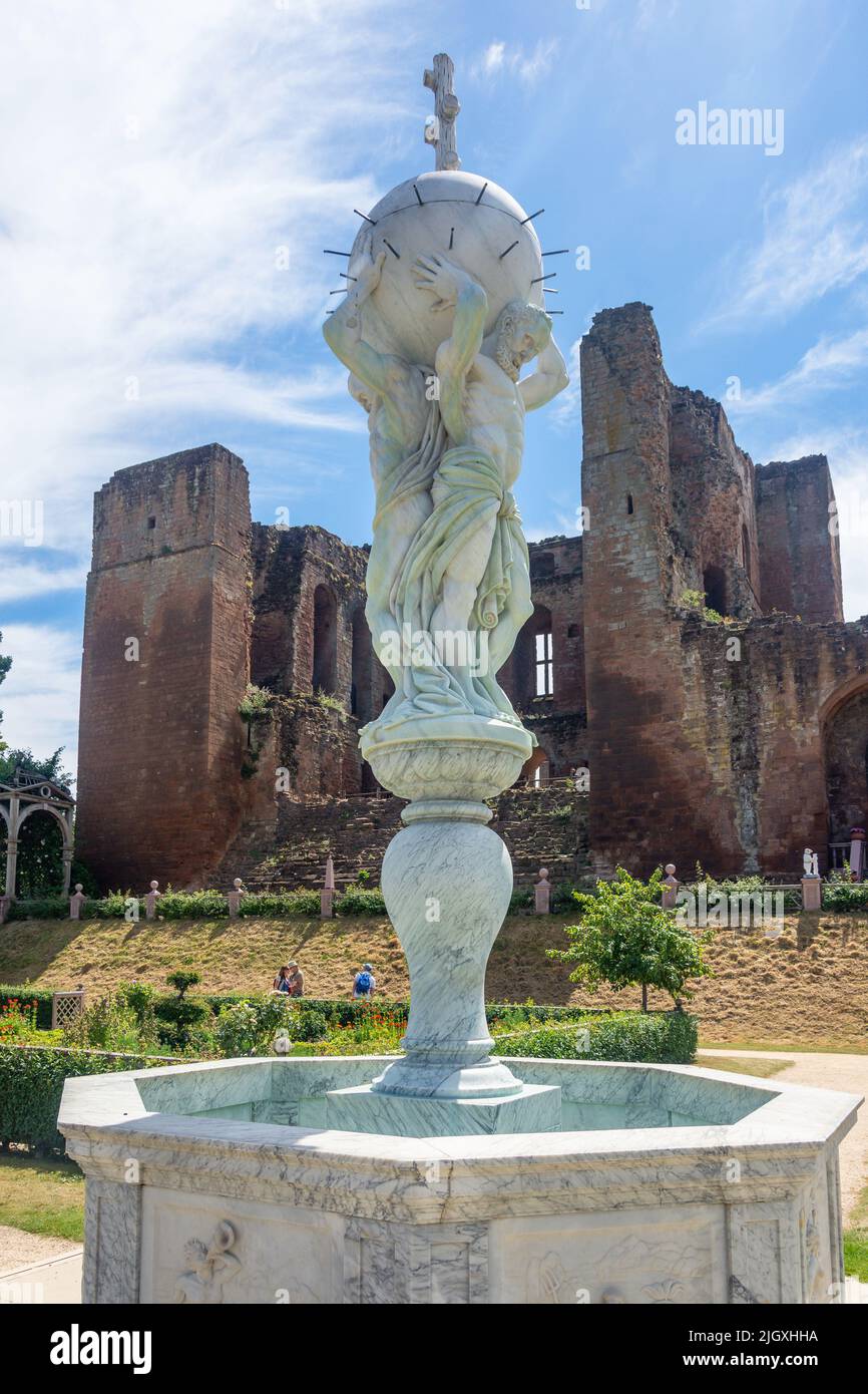 Fontaine et tour du château de Kenilworth, Castle Green, Kenilworth, Warwickshire, Angleterre, Royaume-Uni Banque D'Images