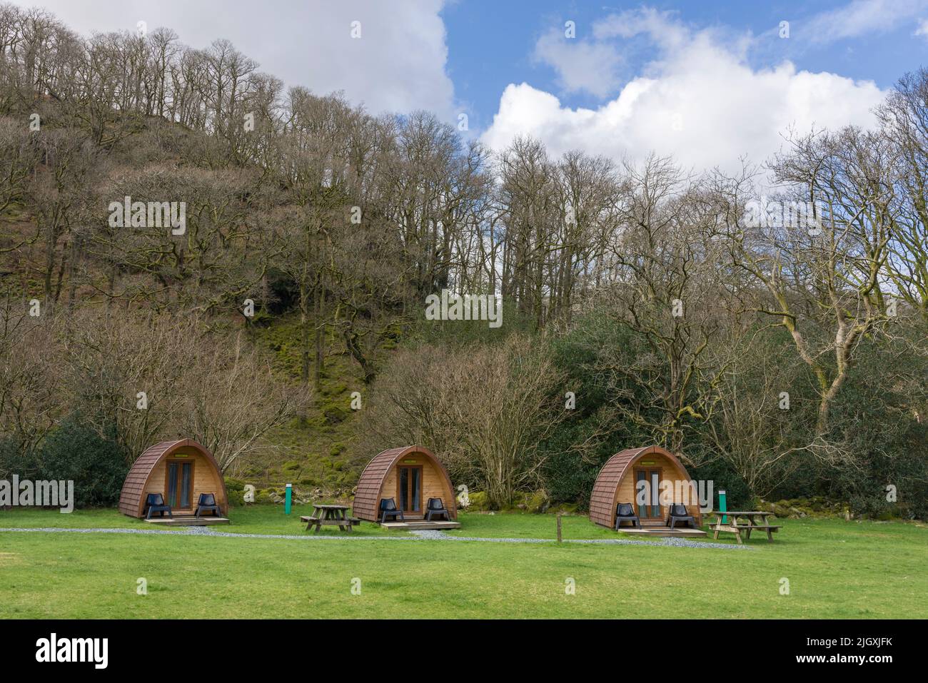 Camping PODS à la YHA Borrowdale près de Keswick dans le parc national de Lake District, Cumbria, Angleterre. Banque D'Images
