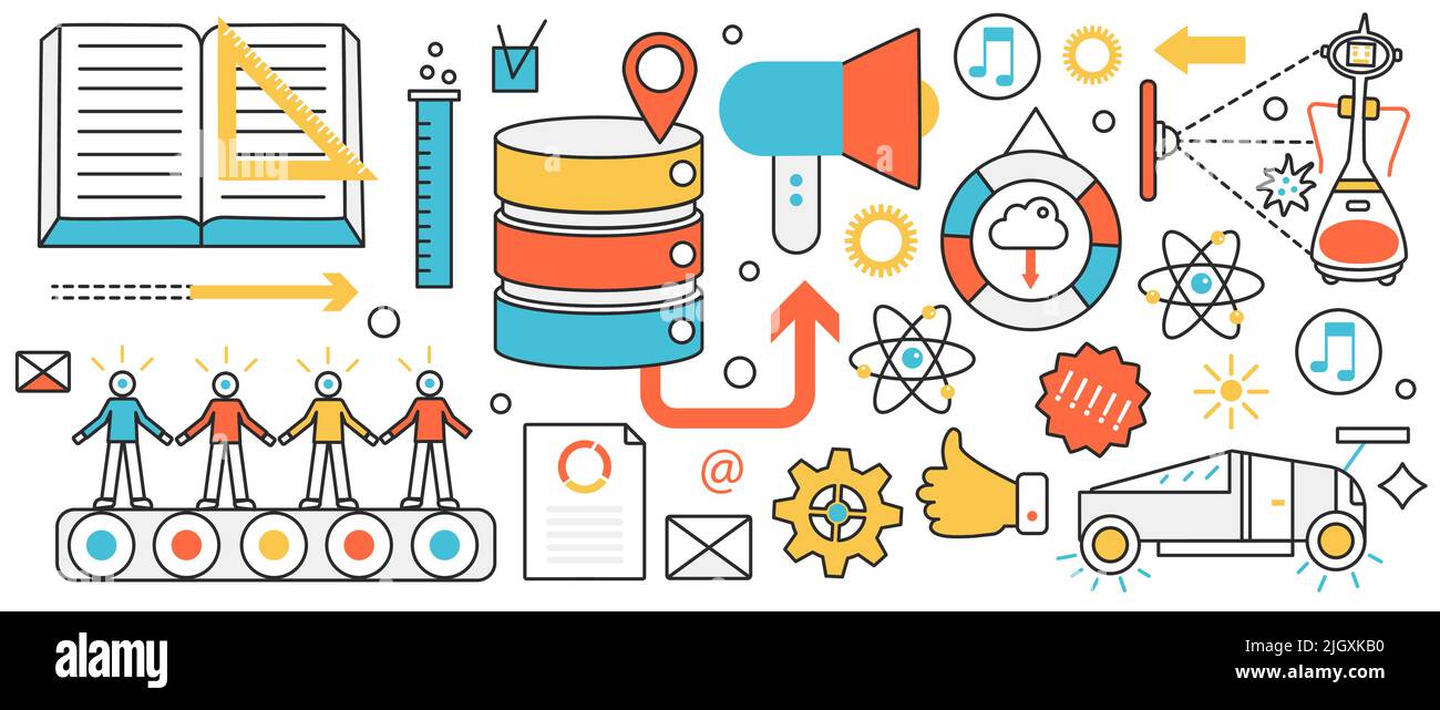 Travail d'équipe et processus de création. Convoyeur abstrait avec employés, processus d'analyse des données financières et gestion du contenu, démarrage créatif dans la bannière conceptuelle de l'infographie, conception d'œuvres d'art en ligne fine Illustration de Vecteur