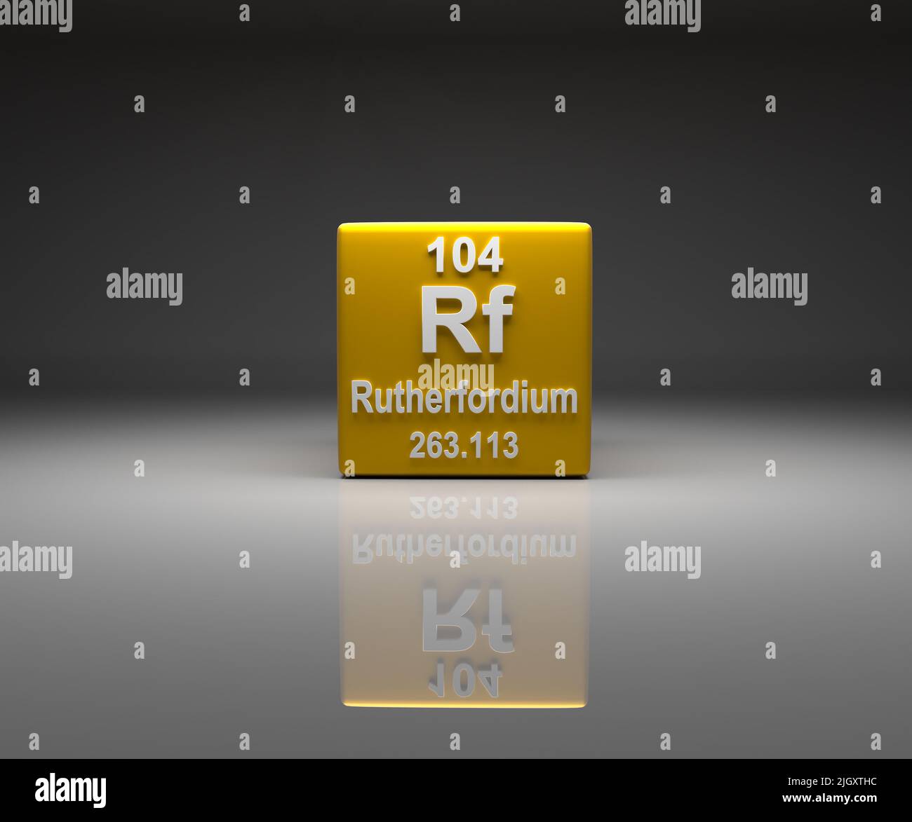 Cube avec table périodique numéro Rutherfordium 104, rendu 3D Banque D'Images