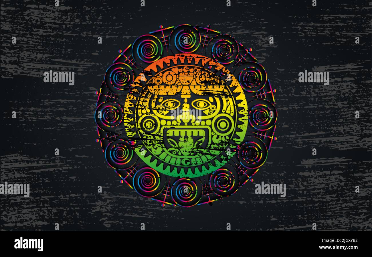 Ancien Dieu sacré du soleil maya, calendrier de roue aztèque, symboles maya masque ethnique. Cadre rond psychédélique bordure ancienne icône de logo. Grunge vecteur Mandala Illustration de Vecteur