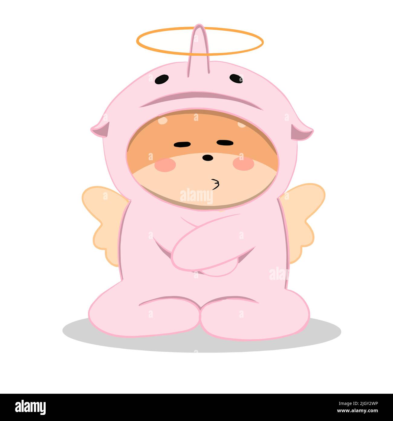 Shiba Inu se tient insatisfait d'un costume rose avec un halo ange sur sa tête Illustration de Vecteur