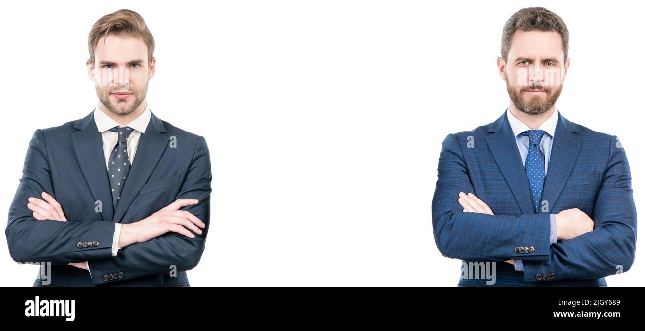 deux hommes d'affaires confiants en costume ont des mains croisées isolées sur blanc, la mode formelle. Portrait de visage d'homme, bannière avec espace de copie. Banque D'Images