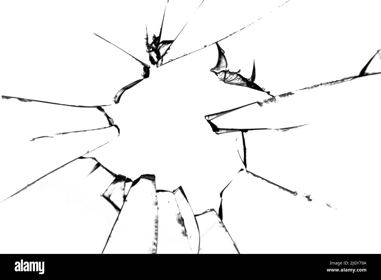 La texture de verre cassée a isolé des fissures sur fond blanc. Banque D'Images