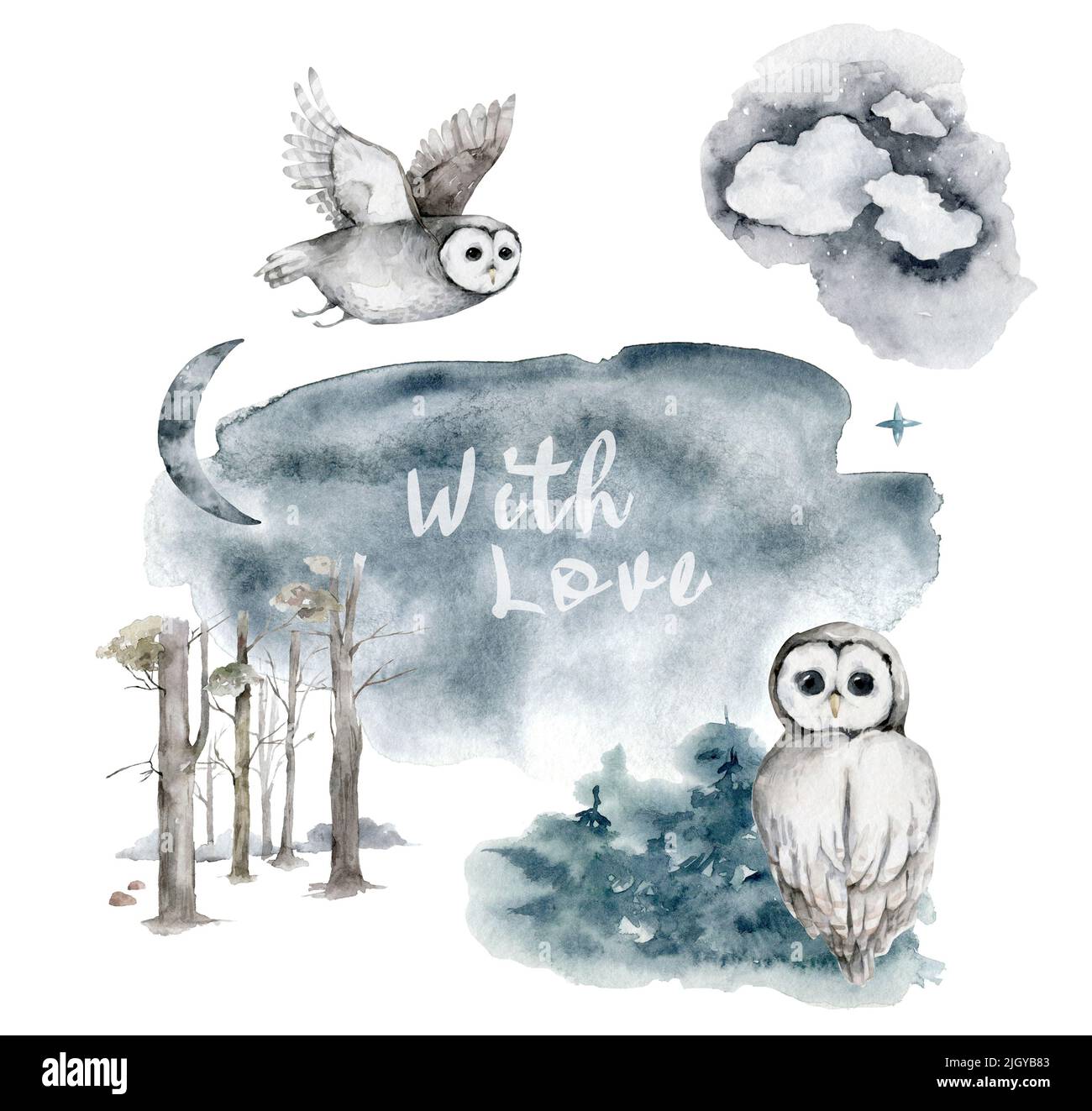 Aquarelle de la forêt d'automne. Illustration de la forêt. Pins, hibou, lièvre et magpie. Bordure d'automne et clipart animal sur fond blanc Banque D'Images