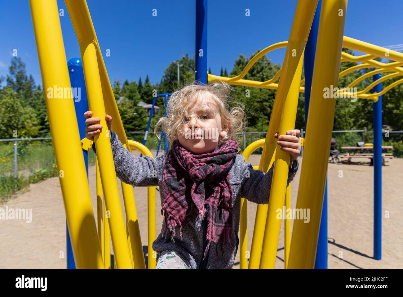 Gros plan d'un garçon de deux ans en bonne santé aux cheveux ondulés blonds, en utilisant un cadre d'escalade sur un parc de jeux pour enfants avec appareil flou en arrière-plan. Banque D'Images