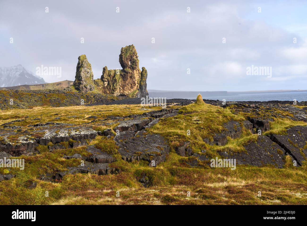 Les Lonndrangar sont une paire de pinacles de roche en Islande. Ce sont des bouchons volcaniques de basalte, qui ont été débayés de la roche environnante plus douce par l'ero Banque D'Images