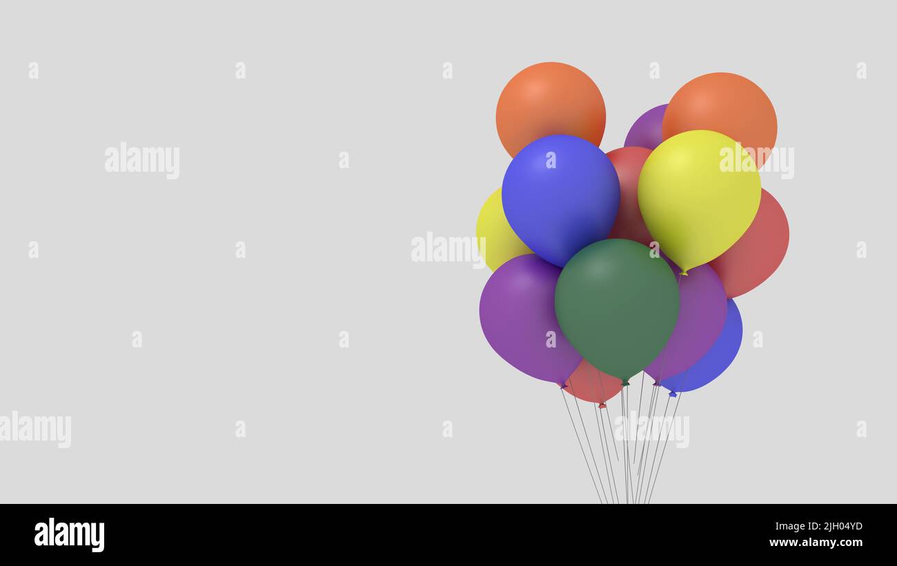 Scène abstraite avec espace libre dans le cadre. Un bouquet de ballons colorés de couleurs de drapeau LGBT. 3D rendu. Banque D'Images