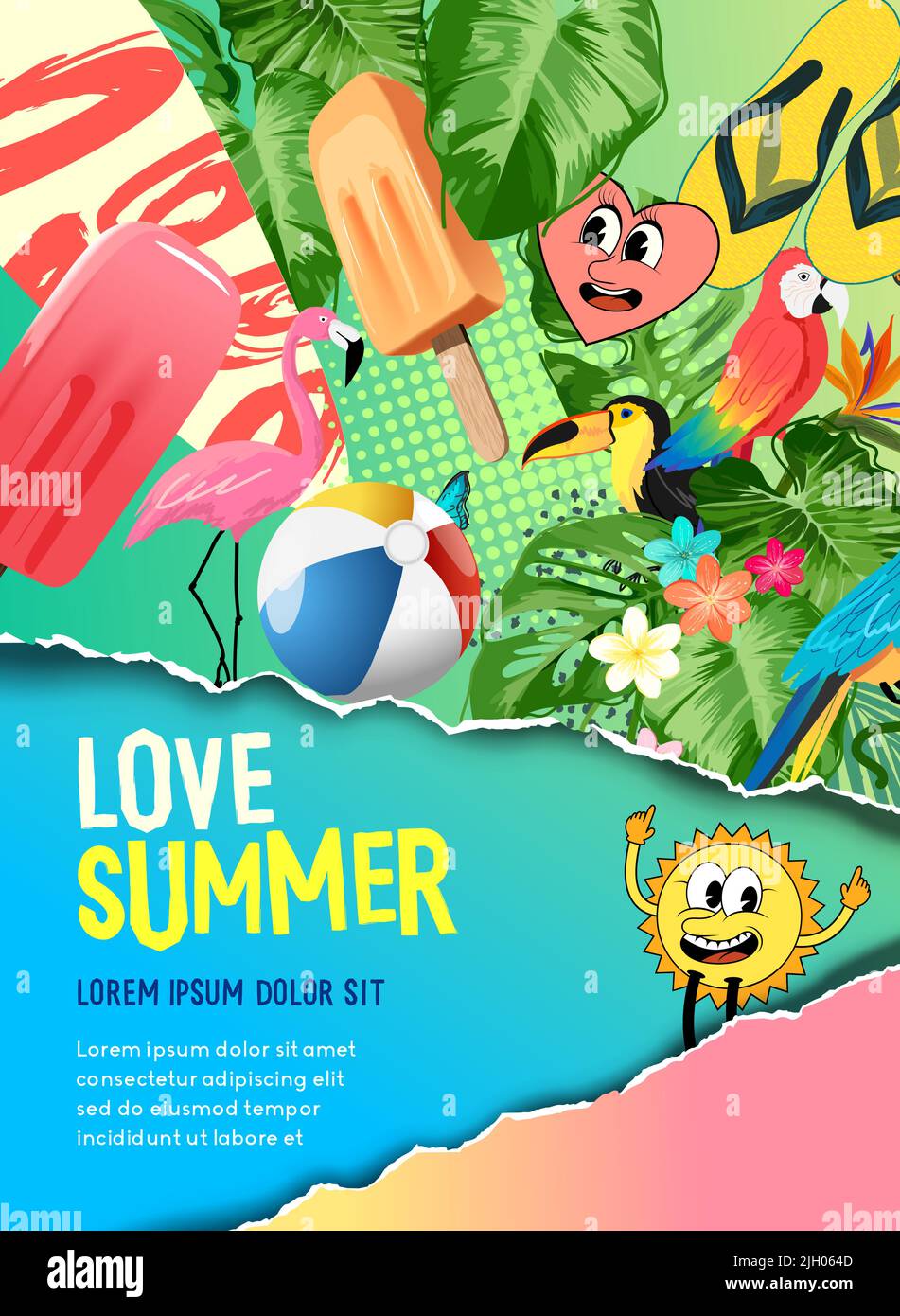 Le collage moderne et coloré des vacances d'été a mis en page l'arrière-plan. Illustration vectorielle. Illustration de Vecteur