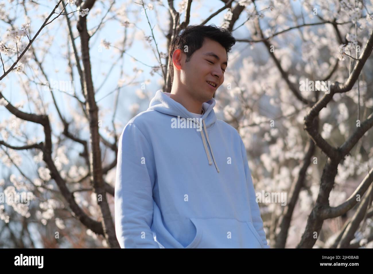 Beau asiatique jeune homme les yeux fermés et sourire, profiter de la lumière du soleil sous le sakura arbre de fleur blanc Banque D'Images