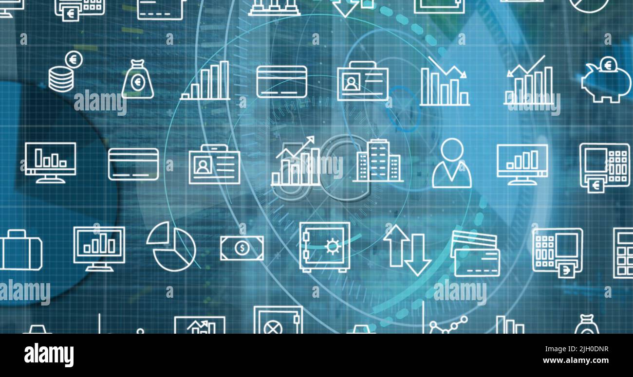 Illustration de l'interface numérique avec portée de numérisation et icônes sur fond sombre Banque D'Images