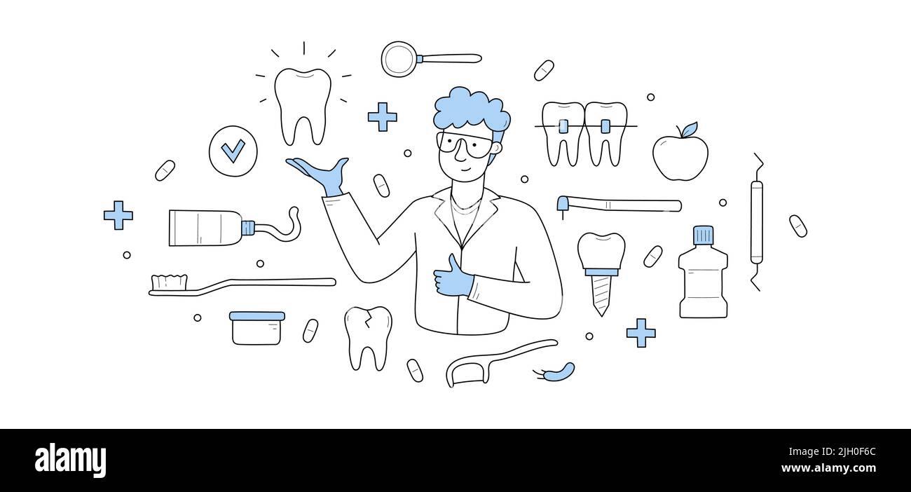 Dentisterie médecine doodle concept. Stomatology médecin avec une dent brillante saine dans la main et des icônes d'équipement médical linéaire autour. Les services de cliniques dentaires, les dents et les caries traitement des signes vectoriels Illustration de Vecteur