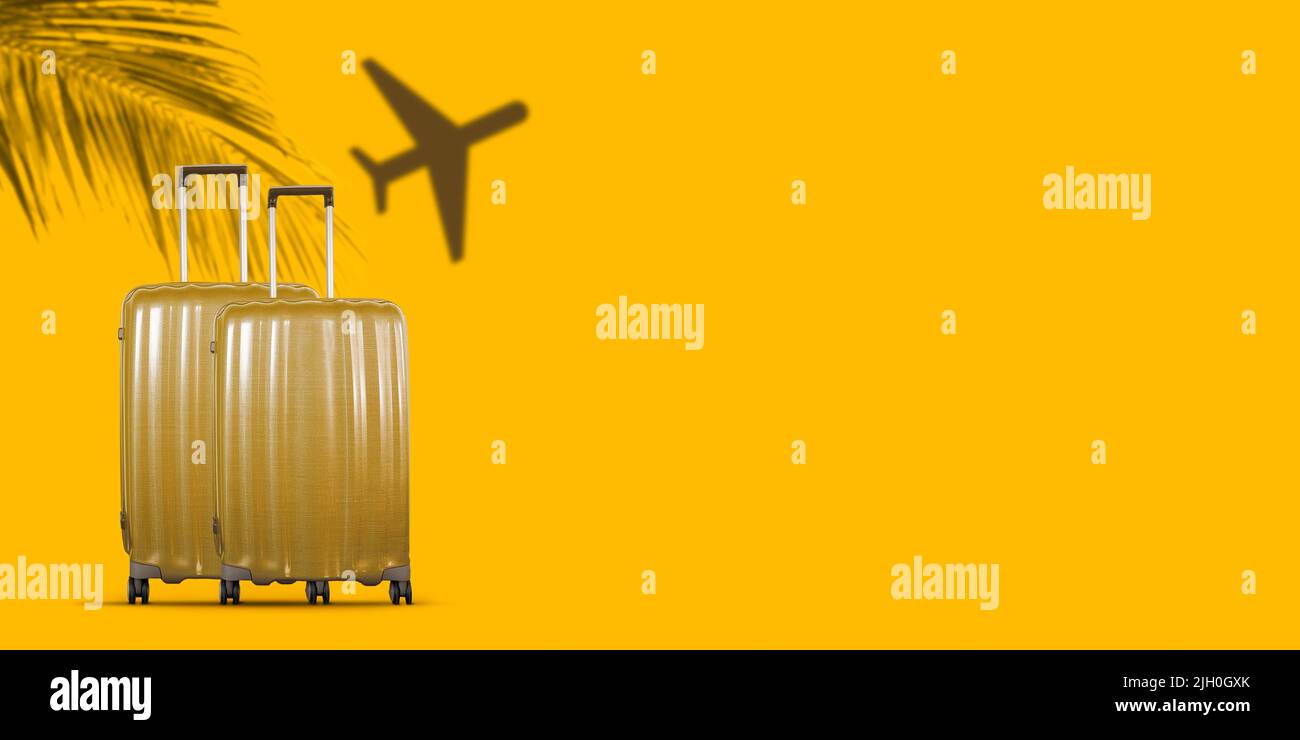 Concept de voyage tropical avec valises sur fond jaune. Banque D'Images