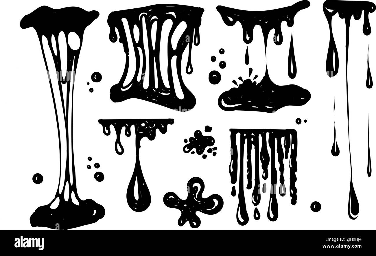 Un ensemble pour travailler avec des blobs. Éléments dessinés de style Doodle. Éclaboussures noires de chaux, de chaux qui s'étire, de chaux qui s'égoutte toxique. Éclaboussures et gouttelettes de chaux Illustration de Vecteur