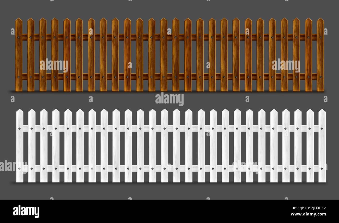 Clôture en bois, palissade, stockage ou balustrade avec piquets. Banister brun et blanc ou sections d'escrime avec pélage. Balusters de bordure de jardin en bois éléments isolés, illustration réaliste de 3D vecteurs Illustration de Vecteur