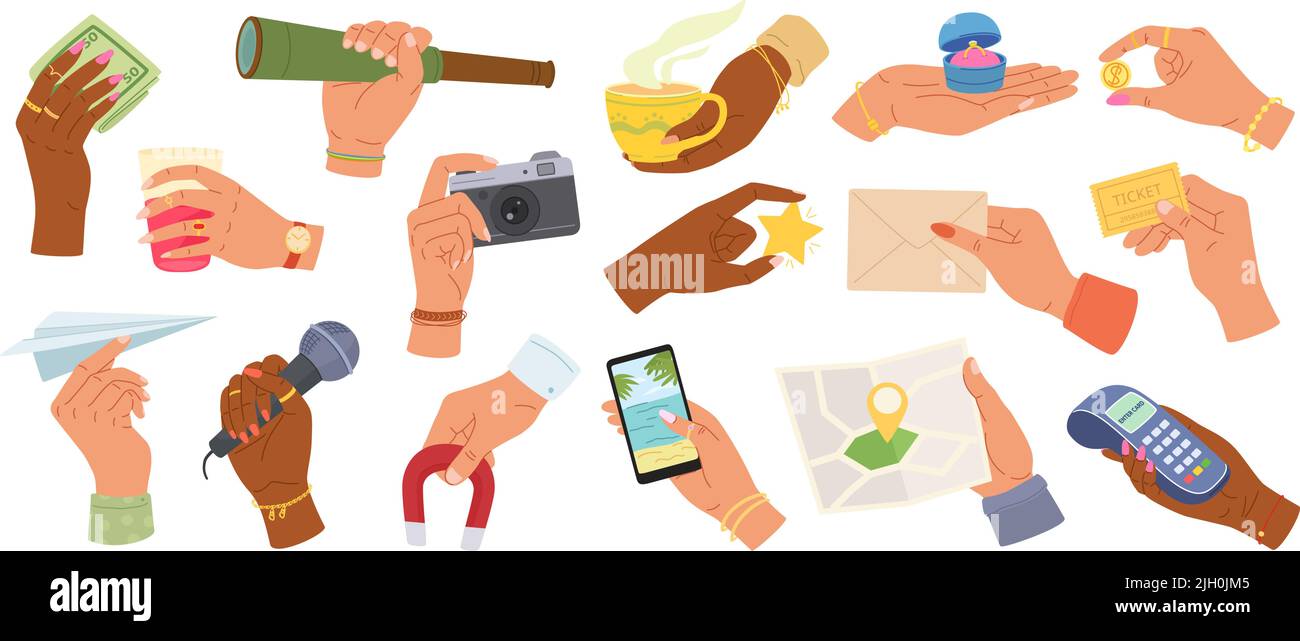Mains tenant les choses. Différents objets dans la main humaine, tenez des gestes. Main avec microphone, appareil photo et téléphone mobile Illustration de Vecteur