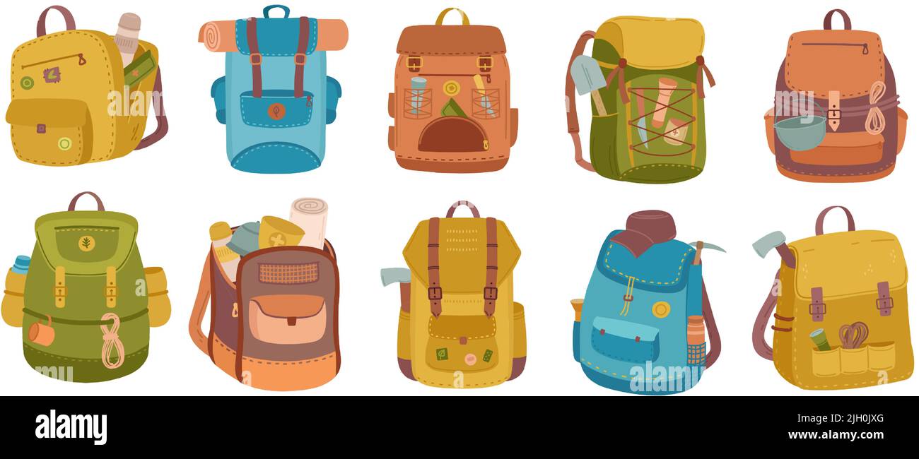 Sac à dos touristique. Sacs de camping, sac de randonnée avec équipement de voyage de montagne vecteur icônes ensemble Illustration de Vecteur