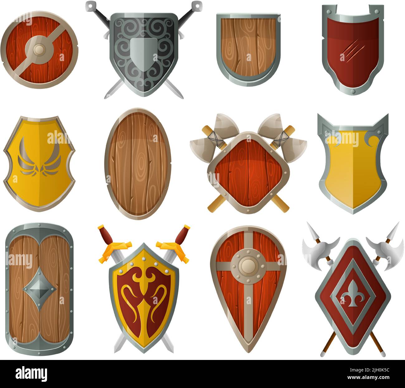 Bouclier de dessin animé médiéval. Décor ancien château, armure avec épées croisées, ensemble de panneaux en bois et en métal Illustration de Vecteur