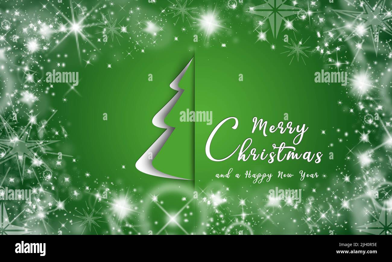 Joyeux Noël et joyeux texte du nouvel an et arbre de noël en papier coupé sur fond vert avec flocons de neige - 3D Illustration Banque D'Images