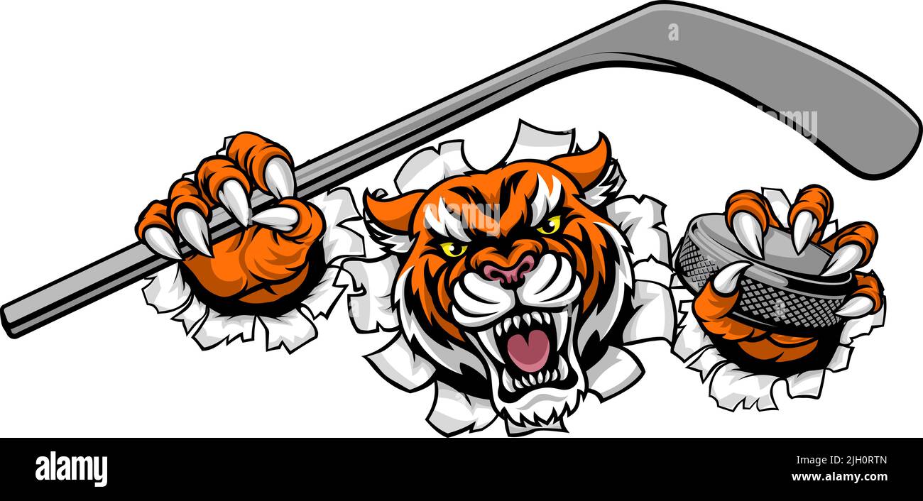 Joueur de Hockey sur glace tigre Mascotte Sports Animaux Illustration de Vecteur