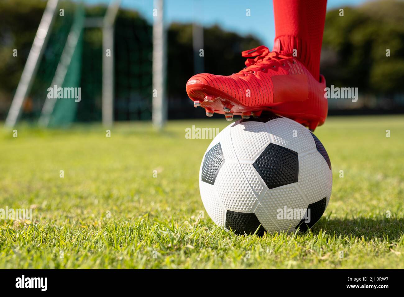 Coupe basse d'athlète masculin portant des chaussettes rouges et des chaussures mettant la jambe sur le ballon de football sur terre herbeuse Banque D'Images